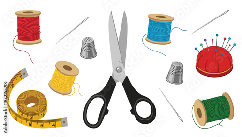 A vibrant assortment of sewing essentials, including spools of thread, needles, thimbles, sharp scissors, a measuring tape, and a pin cushion, is displayed for various projects.