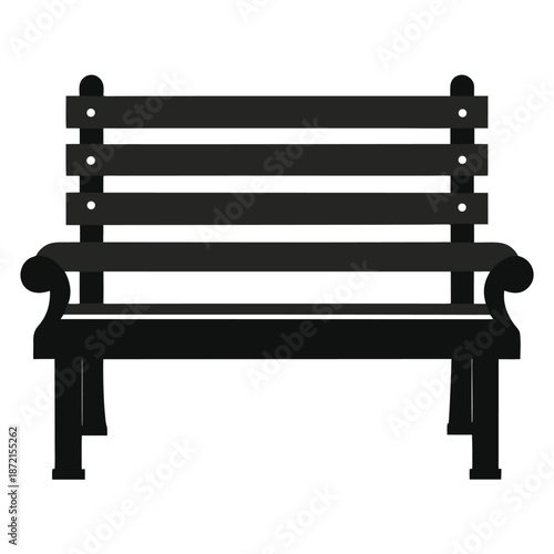 Simple black park bench is positioned on a plain white backdrop elegantly
