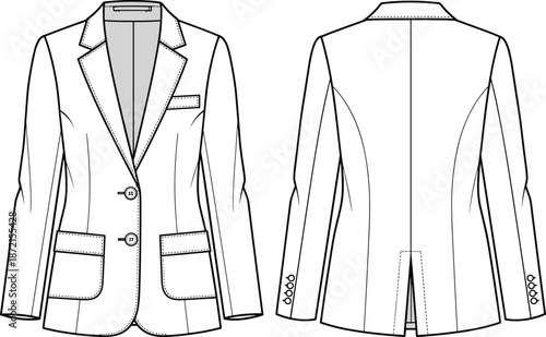 Women tailored blazer technical fashion sketch showing front and back views isolated on white background apparel design illustration