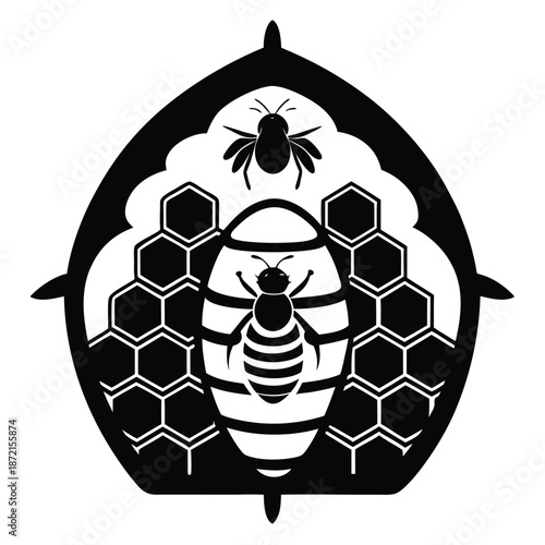 Abstract black and white bee illustration with honeycomb and stylized hive is artistically rendered