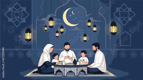 A keluarga gathering breaks their Ramadhan fast together in a traditional setting with lanterns and a crescent moon.