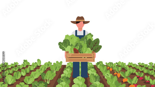 A diligent farmer stands in a vibrant field, proudly holding a wooden crate overflowing with freshly harvested leafy greens, representing sustainable agriculture.