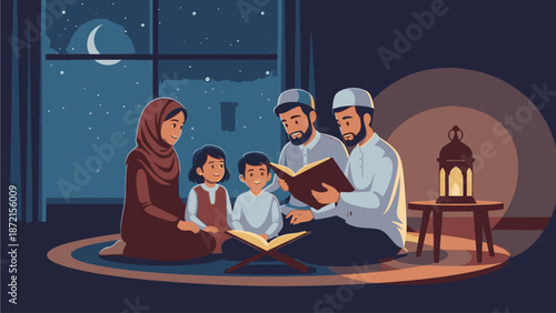 A Muslim keluarga gathers together during Ramadhan, reading from a book in a cozy, dimly lit room with a warm lantern and a night sky view through the window.