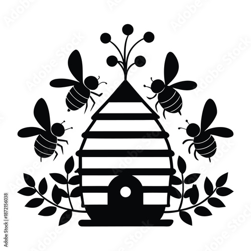 Four bees surround a black beehive adorned with leaves and berries against white