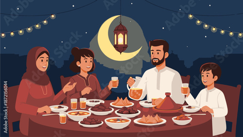 A Muslim family celebrating keluarga ramadhan together with a traditional iftar meal at night with a crescent moon and lantern in the background.