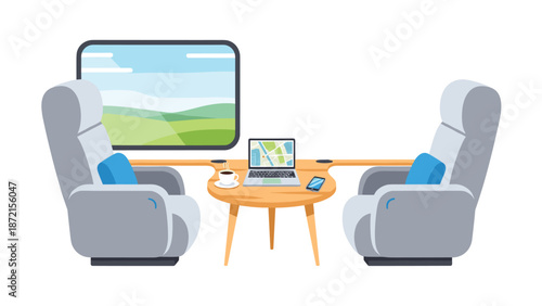 A serene train interior boasts two plush seats facing a small wooden table, complete with a laptop, coffee, and a phone, set against a scenic window view.