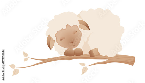  Little lamb sleeping on a tree branch, vector illustration in neutral tones. Funny cartoon sheep for childrens design, baby shower decoration, nursery prints, and cards.