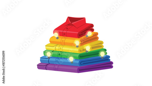 A vibrant pyramid stack of neatly folded shirts in rainbow colors, illuminated by glowing lightbulbs, represents creativity, organization, and colorful ideas.