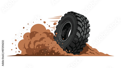 A rugged off-road tire vigorously spins, kicking up a dramatic cloud of brown mud and dirt, conveying power, action, and adventure in challenging terrain.