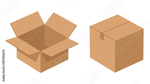 Brown cardboard boxes open and closed on black background