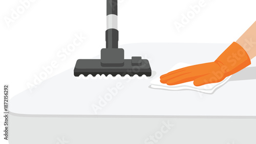 Detailed illustration shows a person in orange gloves using a white cloth to clean a surface while a vacuum cleaner head rests nearby.