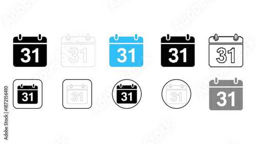 Versatile calendar icon set solid, line, pixelated, and colourful date schedule vector icons