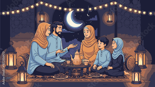 A keluarga gathering celebrates Ramadhan together in a cozy, dimly lit room with warm lanterns and a crescent moon visible through the window, conveying a peaceful and joyful atmosphere.