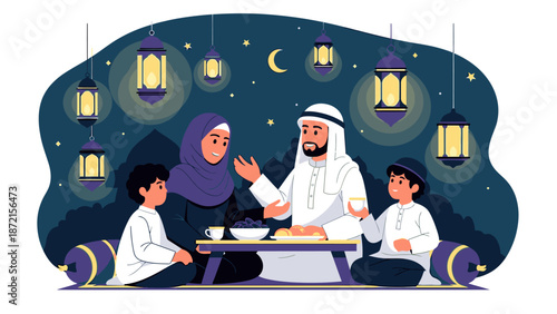 A Muslim family, keluarga, gathers around a table for a festive Ramadhan meal with traditional lanterns and a starry night background.