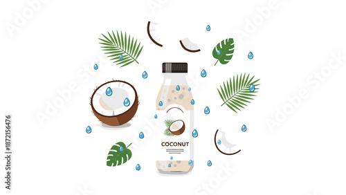 Bottle of coconut milk is surrounded by halved coconuts, tropical leaves, and water droplets in a charming circular arrangement.