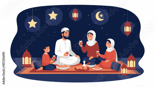 A Muslim family gathers for a meal during Ramadhan, with traditional lanterns and starry night sky in the background, conveying a sense of warmth and togetherness.