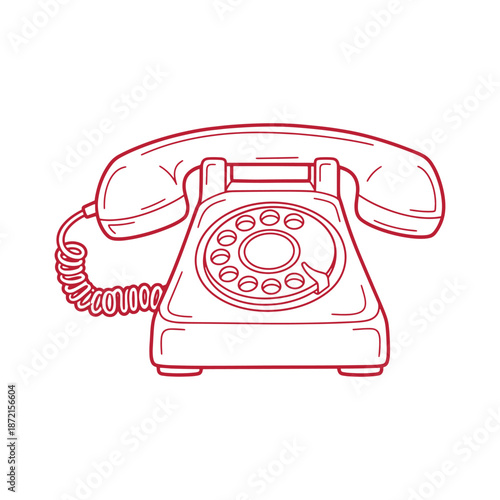 Red outline of a vintage rotary telephone with coiled cord and handset