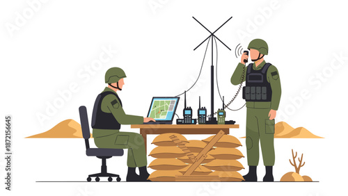 Two soldiers engage in military communication in a desert setting; one uses a laptop, the other talks on a walkie-talkie.