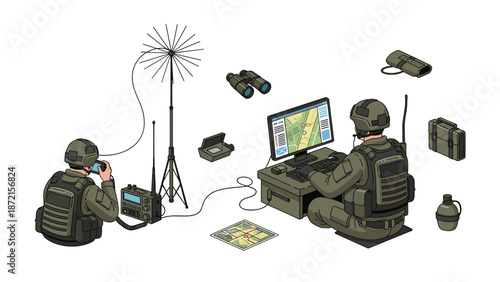 Two soldiers manage military communications and strategy, one on radio, the other on computer, surrounded by tactical gear.