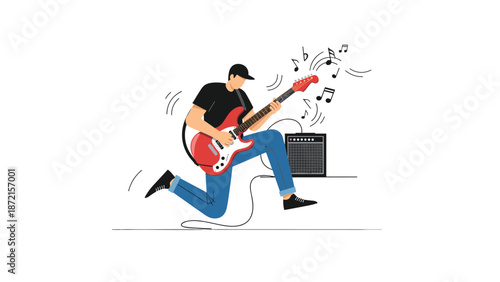 Energetic illustration of a male rock guitarist jumping and playing an electric guitar, with musical notes radiating from his amplifier.