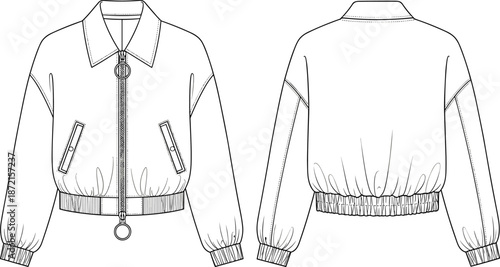 Front and back bomber jacket technical fashion sketch outline isolated on white background apparel design illustration vector template garment clothing