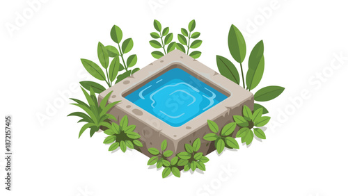Isometric pixel art illustration of a square stone well filled with clear blue water, surrounded by lush green foliage.