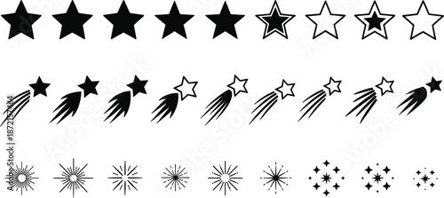 Collection of star icons featuring solid, outline, shooting stars, sparkles, and bursts for decoration, design, and creative projects