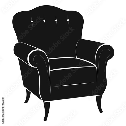 Classic black armchair with tufted backrest and white trim evokes vintage style