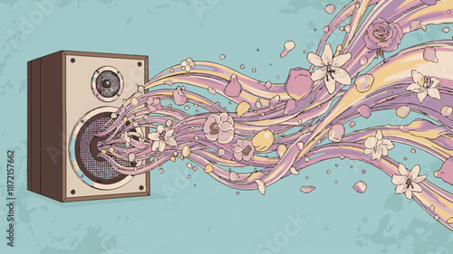 Retro Speaker Sound Waves Flat Vector Illustration Synesthesia Mascot generative ai