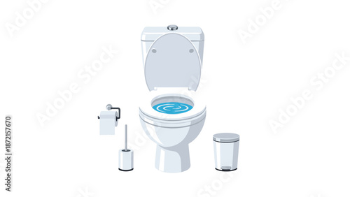 Modern pixel art illustration of a clean white toilet with swirling water, accompanied by a toilet brush, paper, and trash bin.