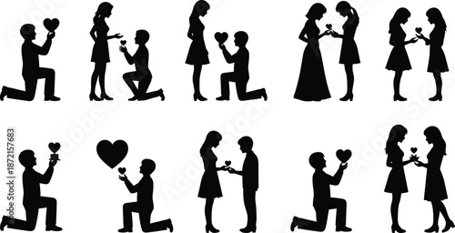 Silhouette couples exchanging heart-shaped gifts and rings in various romantic poses