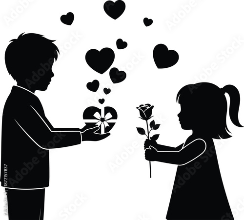 Silhouette of a boy and girl exchanging gifts with hearts floating around them
