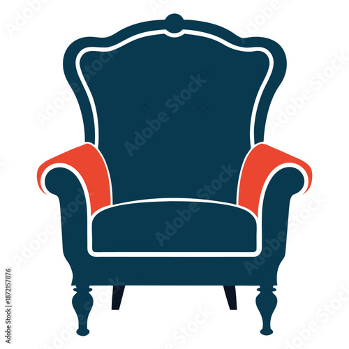 Elegant armchair is featured in dark blue with red arm cushions, isolated cleanly
