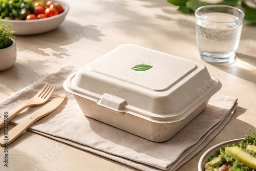 Eco friendly takeout container on a soft linen napkin surrounded by fresh vegetables and a glass of sparkling water epitomizing sustainable dining options and conscious eating habits