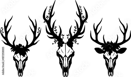 Rustic Deer Skull Collection with Floral Antler Accents
