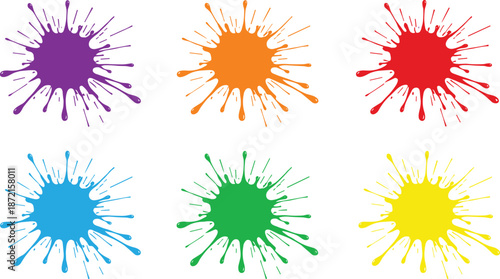 Colorful paint splatter illustrations in various bright shades, perfect for art backgrounds, graffiti designs, creative projects, and decoration