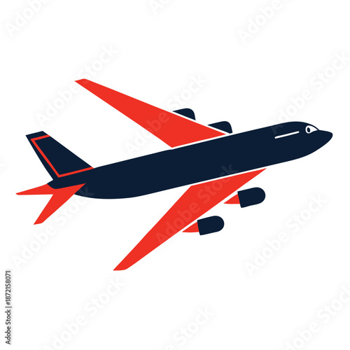 Modern airplane flies upward displaying a minimal navy body with contrasting orange wings