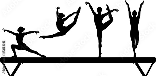 Black silhouette of female gymnast performing graceful athletic poses and acrobatic jumps on a balance beam over a white background