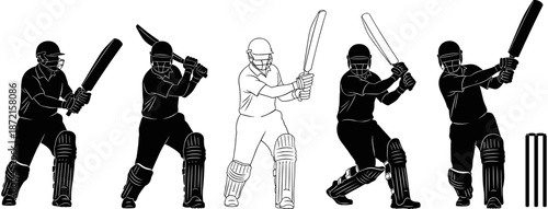 Black and white cricket player silhouettes showing different batting stances, cricket action sequence, batsman playing shots, isolated sports icons, athletic poses.