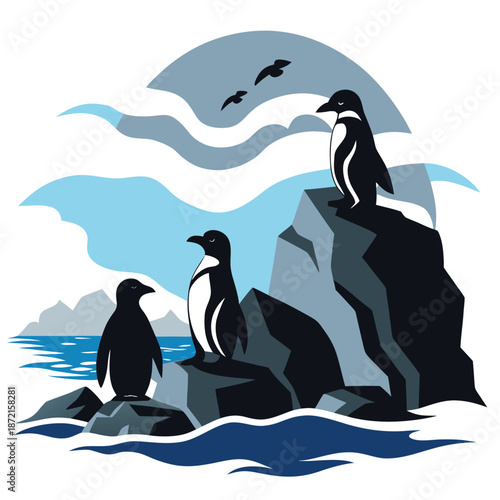 Three penguins perch atop rocky outcrops near frigid ocean waters while birds fly above