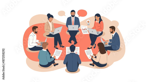 Diverse team in a circular meeting discussing ideas and plans, brainstorming session