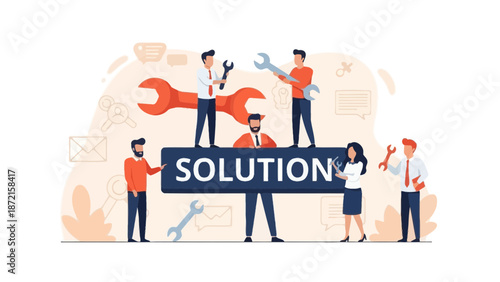 Teamwork for Solution: People Holding Wrenches Around 'SOLUTION' Sign