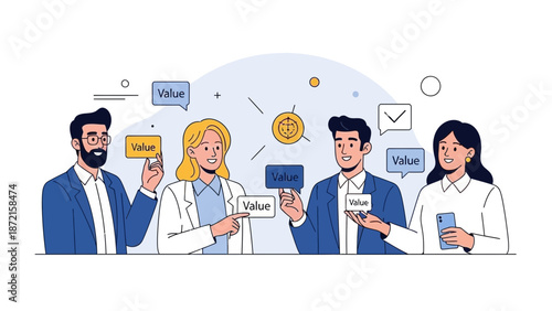 Diverse team discusses business value and financial goals with speech bubbles