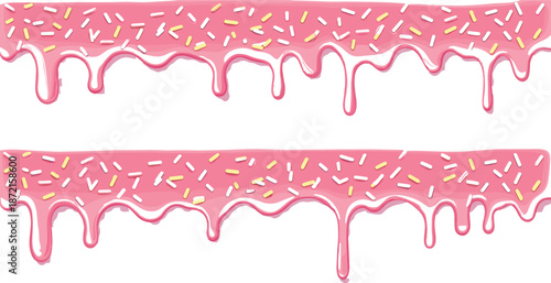 Dripping pink frosting illustration with colorful sprinkles, perfect for dessert designs, bakery themes, sweet decorations, and food graphics