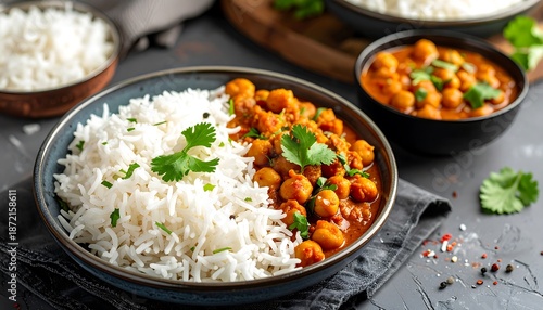 Delicious Chickpea Curry with Basmati Rice and Fresh Cilantro Garnish, Indian Cuisine