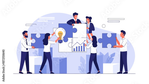 Teamwork and Collaboration: People assembling puzzle pieces for business success