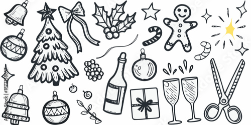 Festive christmas doodles ornaments treats and celebratory decorations in black and white