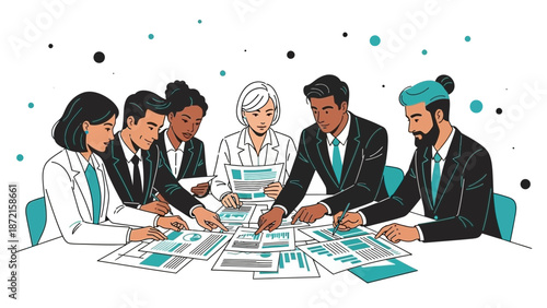 Diverse Business Team Collaborating on Reports and Data Analysis