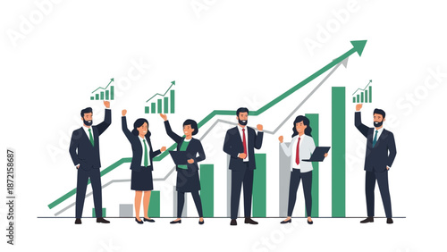 Team celebrating business growth with upward trending graphs and charts.