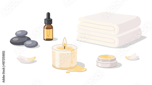 Soothing spa elements arranged artfully include a lit candle, essential oil bottle, stacked stones, cream, and delicate petals.